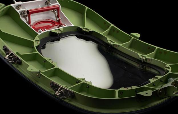 Escape hatch assembly on black background
