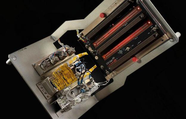 Interior view of electronic assembly on black background