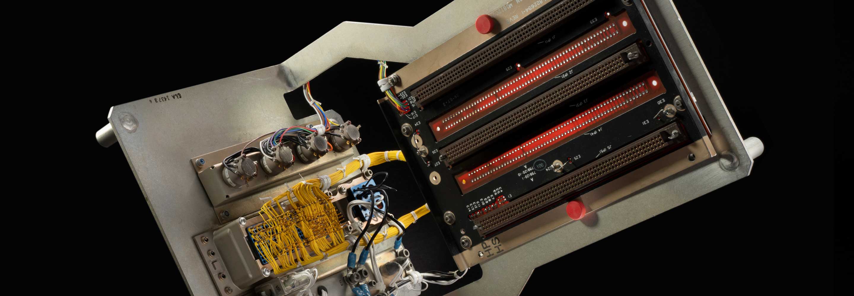 Interior view of electronics assembly on black background