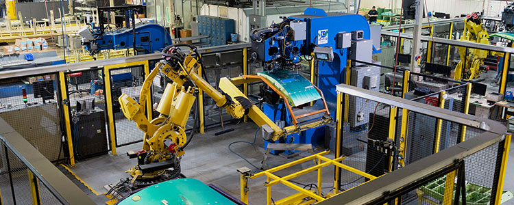 Overhead view of factory with robots