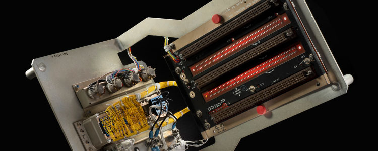Interior view of electronics assembly on black background