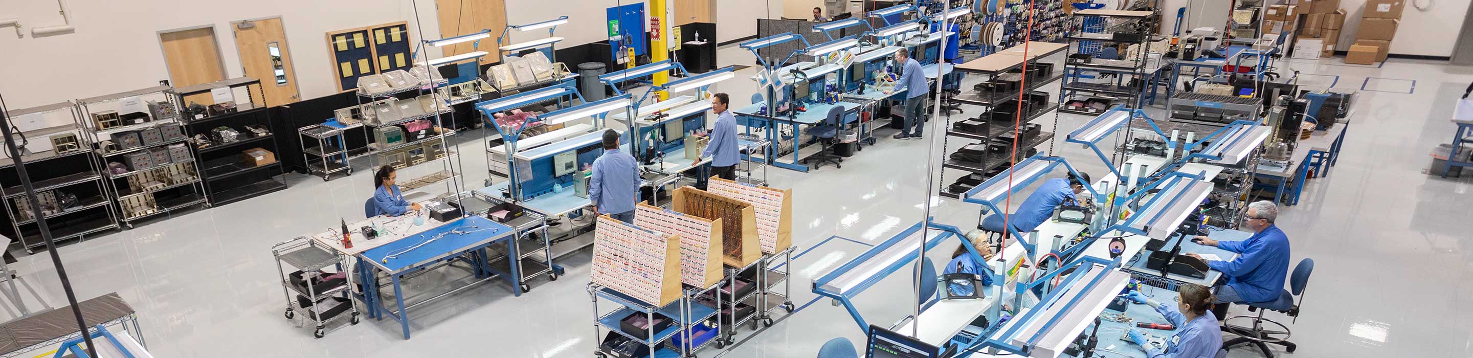 Overhead shot of factory floor with people working at desks